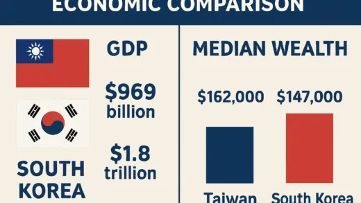 Economic comparison infographic between Taiwan and South Korea showing GDP and median wealth statistics