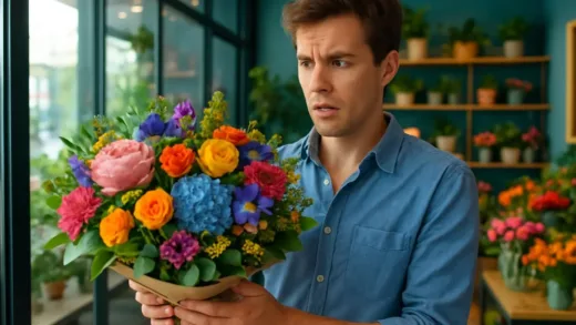 A confused person looking at an expensive bouquet of flowers in a modern flower shop, 2026, vibrant colors, realistic.