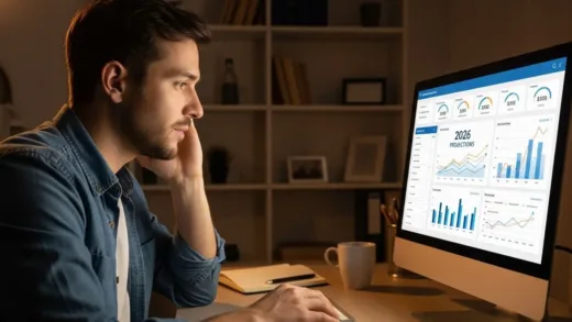 Small business owner looking at a computer screen with financial data, showing a glimmer of hope and relief, 2026.