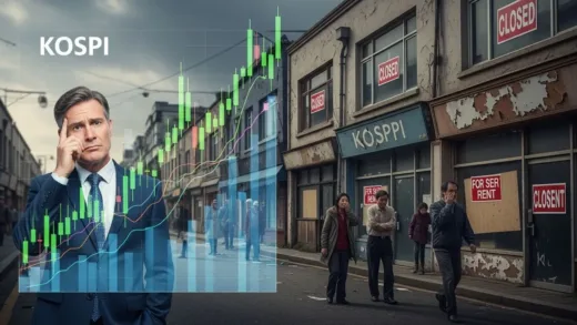 A puzzled investor looking at a soaring KOSPI stock chart, while the real economy behind them is depicted as struggling with small, closed shops and worried faces. The atmosphere is one of underlying tension despite apparent success.