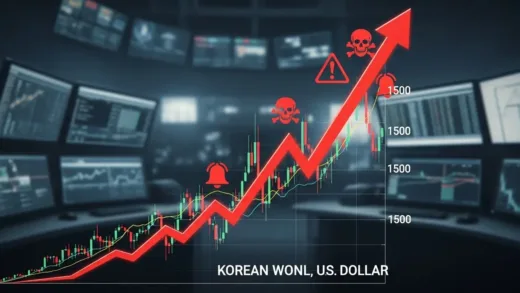 A dramatic chart showing Korean won to US dollar exchange rate spiking above 1500, with red upward arrow and crisis warning symbols, dark financial trading room background