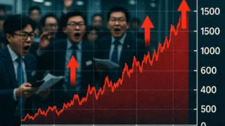 A dramatic graph showing Korean won to US dollar exchange rate skyrocketing to 1500, with red arrows pointing upward and worried investors in the background