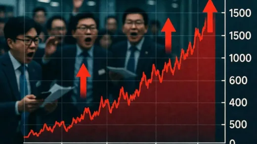 A dramatic graph showing Korean won to US dollar exchange rate skyrocketing to 1500, with red arrows pointing upward and worried investors in the background