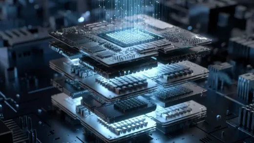 A futuristic HBM4 memory chip with stacked layers and glowing data pathways, showing advanced semiconductor technology