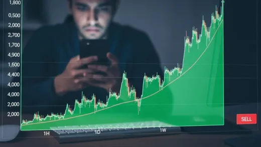 A digital display showing a rapidly rising exchange rate graph, with a worried person looking at a smartphone in the background.