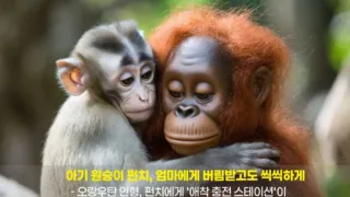 A small baby monkey hugging a large orangutan doll, looking sad but finding comfort.