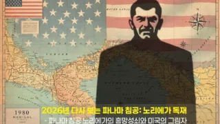 A historical map of Panama Canal with a shadowy figure representing Noriega, and a subtle American flag in the background, 1980s style.