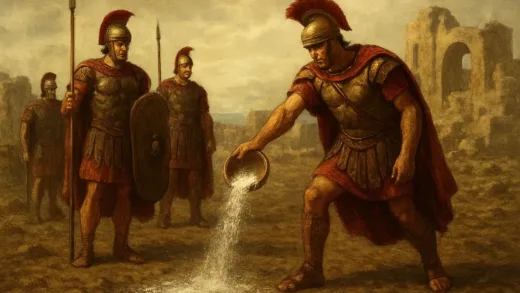 Ancient Roman soldiers salting the earth of Carthage, symbolizing destruction and preventing regrowth, historical context.