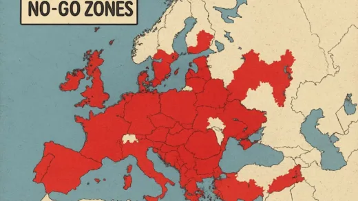 A map of Europe with red "no-go zones" highlighted, showing a sense of societal fragmentation and conflict.