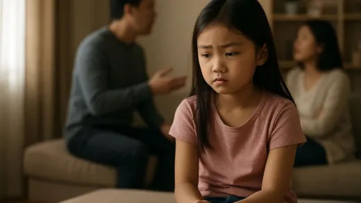 A young Asian girl around 8 years old sitting alone in a living room, looking worried while observing adult conversations in the background, soft lighting, emotional atmosphere