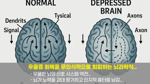 A scientific illustration showing reversed neural signal pathways in a depressed brain versus normal brain, with arrows indicating information flow direction