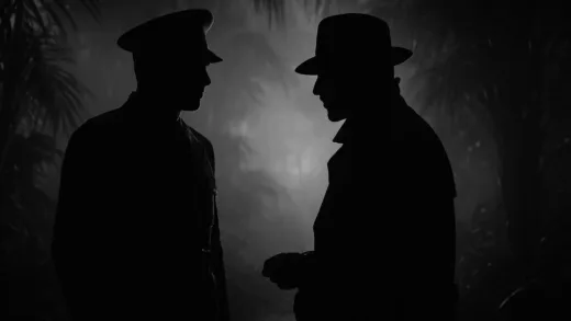 A shadowy figure in a military uniform, discreetly meeting with a person in a trench coat, in a dimly lit tropical setting, evoking espionage and political intrigue.