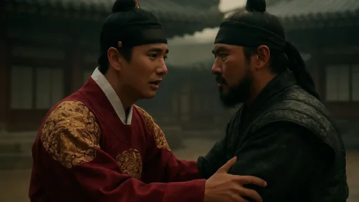 A scene from a historical Korean movie, showing a young king and a loyal general in a dramatic moment, traditional Korean architecture, emotional, cinematic.