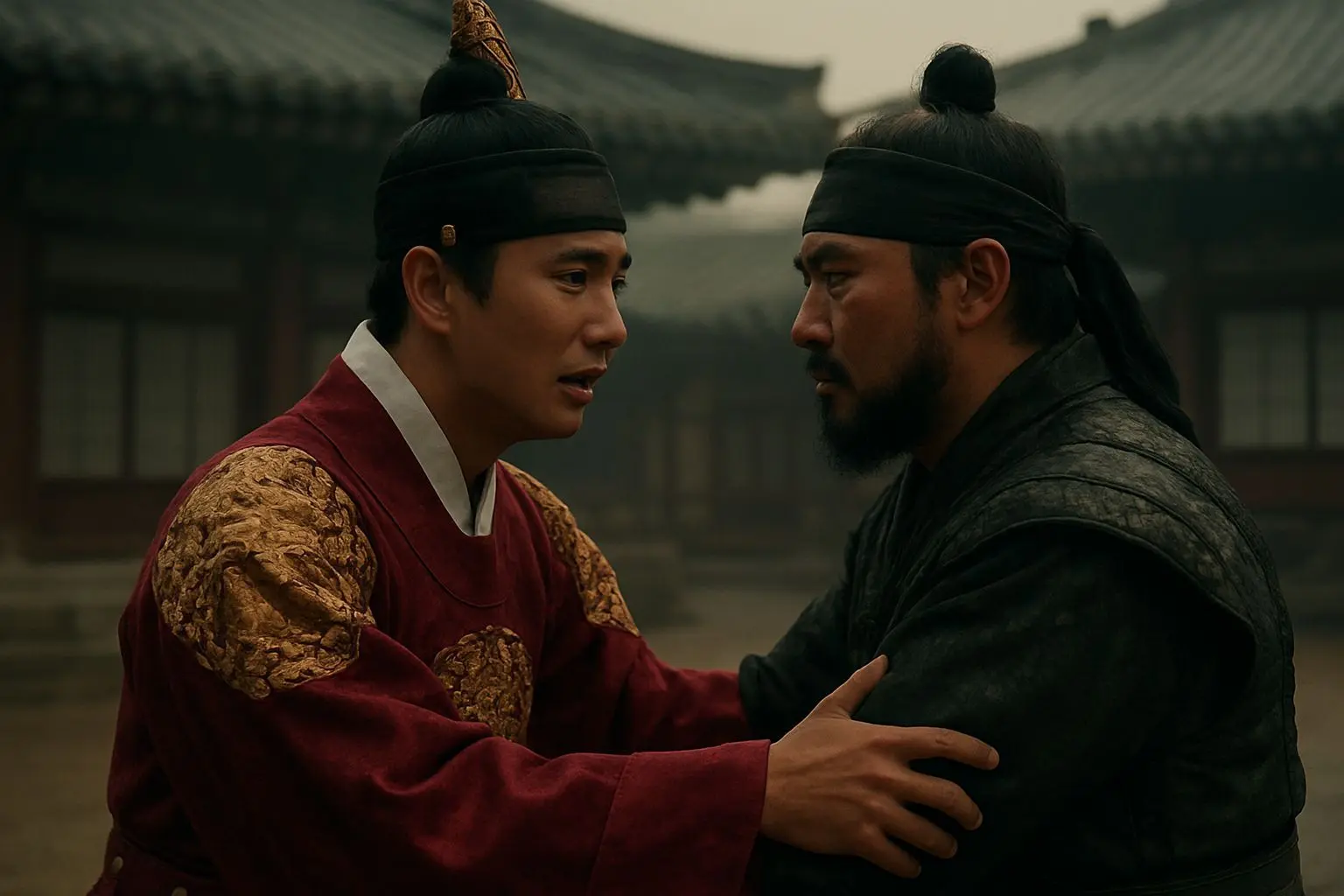 A scene from a historical Korean movie, showing a young king and a loyal general in a dramatic moment, traditional Korean architecture, emotional, cinematic.
