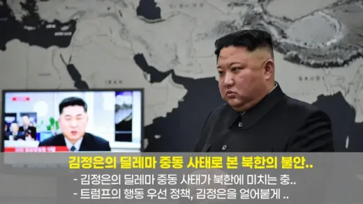 Kim Jong Un looking worried while watching news about geopolitical events on a television screen, a map of the Middle East in the background.