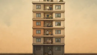 A conceptual illustration of a 10-story apartment building in Korea, with each floor representing different wealth levels, from dark basement to luxurious penthouse.