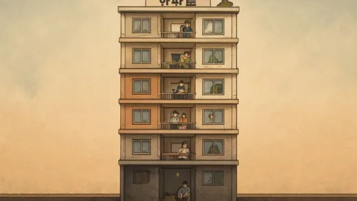 A conceptual illustration of a 10-story apartment building in Korea, with each floor representing different wealth levels, from dark basement to luxurious penthouse.
