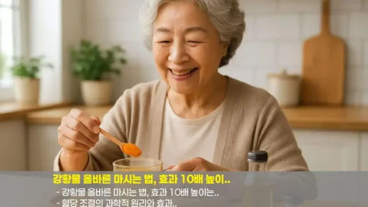 A Korean elderly person correctly preparing turmeric drink with pepper and oil, looking healthy and vibrant, kitchen setting, natural lighting
