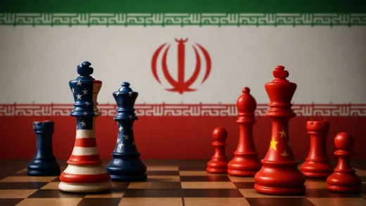 A chessboard with US and China pieces, an an Iranian flag in the background, symbolizing a complex geopolitical game.