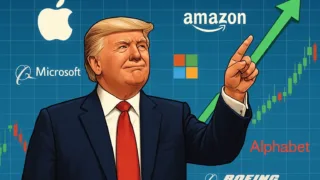 A stock market chart with an upward trend, a confident person (resembling Trump) pointing towards the sky, and various company logos visible in the background, representing economic growth.