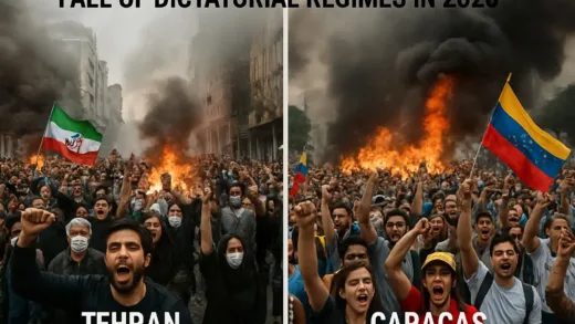 A split image showing chaos and protests in Tehran and Caracas, representing the fall of dictatorial regimes in 2026.