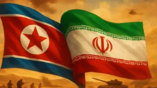 North Korean and Iranian flags subtly intertwined, symbolizing a long-standing alliance, against a backdrop of desert warfare.