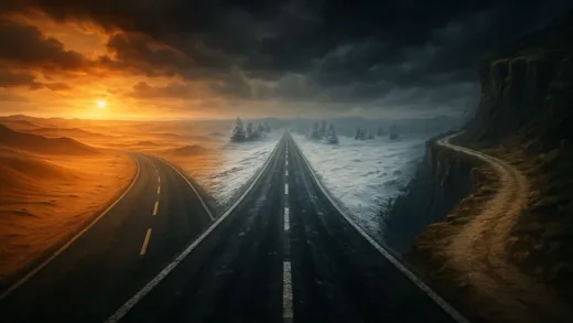 Three distinct roads converging, each representing extreme environments: a scorching desert road, a frozen snowy highway, and a narrow cliffside path, under a dramatic sky, symbolizing danger and human struggle.