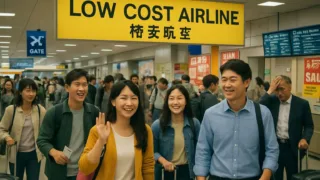 A crowded low-cost airline terminal in Japan, with happy travelers, but a subtle hint of financial stress in the background, late 2025.