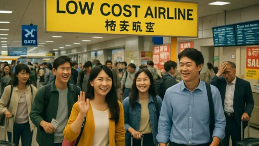 A crowded low-cost airline terminal in Japan, with happy travelers, but a subtle hint of financial stress in the background, late 2025.