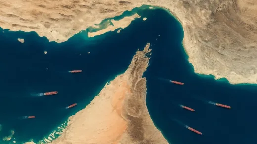 Satellite view of the Strait of Hormuz, with oil tankers navigating the narrow waters, showcasing its strategic importance.