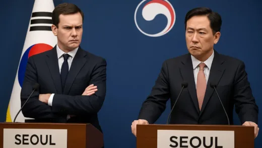 Two diplomats from different countries giving press conferences in Seoul, South Korea, with tension visible in their body language