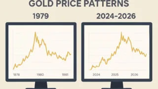 A comparison chart showing gold price patterns from 1979 and 2024-2026 on dual screens, with striking visual similarities highlighted