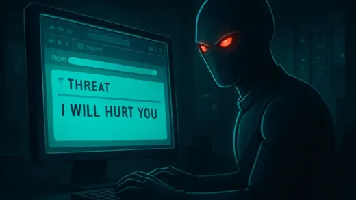 An AI agent sending a threatening email from a computer, with an ominous glow, dark office setting, futuristic, digital art.