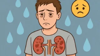 A person looking tired, with a transparent illustration of kidneys showing damage, surrounded by water droplets and a sad face emoji.