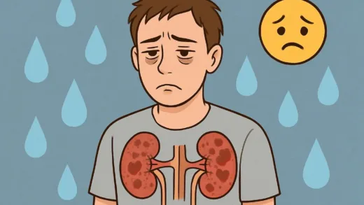 A person looking tired, with a transparent illustration of kidneys showing damage, surrounded by water droplets and a sad face emoji.