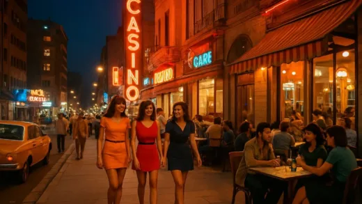 Vibrant Tehran street in the 1970s, women in miniskirts, cafes with people enjoying wine, neon signs of casinos at night, bustling and modern city life, Middle Eastern Paris, a blend of traditional and western architecture, sunny atmosphere, no hijab.