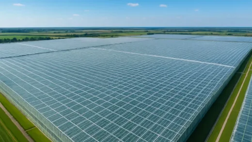A vast greenhouse complex in the Netherlands under a clear sky, symbolizing advanced agriculture.