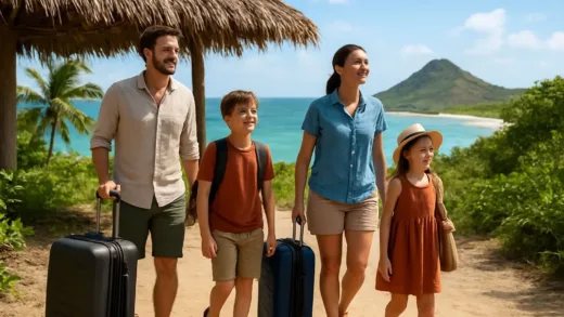 A family arriving at a remote tropical island in the Galapagos, looking hopeful with their luggage