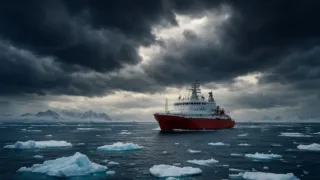 A research vessel navigating through a vast, icy Antarctic ocean under a dramatic sky, conveying a sense of isolation and adventure.