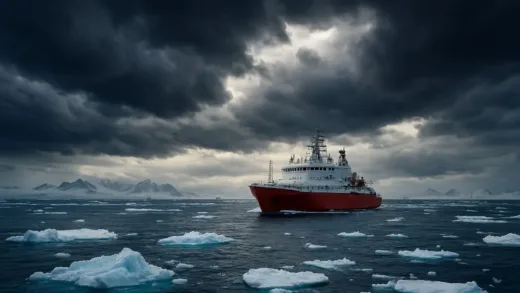 A research vessel navigating through a vast, icy Antarctic ocean under a dramatic sky, conveying a sense of isolation and adventure.