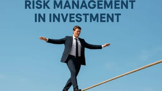 A person carefully walking on a tightrope, symbolizing risk management in investment, with a clear sky in the background.