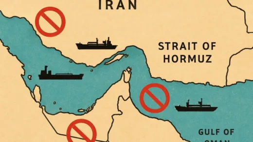 A strategic map showing the Strait of Hormuz with oil tankers and blockade symbols