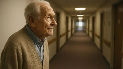 An elderly person looking down a long nursing home corridor with hopeful expression, symbolizing loneliness and waiting for family visits