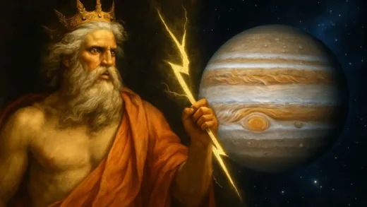 Ancient mythological depiction of Jupiter as a king of gods with lightning bolts, merging with modern scientific visualization of Jupiter in space