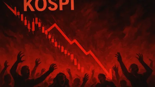 A dramatic downward graph showing KOSPI index crashing with red candles and panic in the background, digital art style