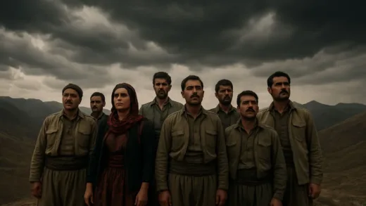 A group of Kurdish people standing on a barren mountain range, looking resolute and determined, with a dramatic and stormy sky overhead.