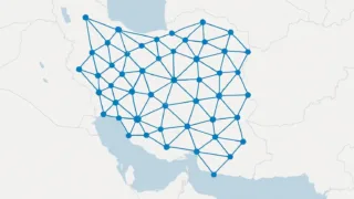 A complex network diagram overlayed on a map of Iran, showing resilience and interconnectedness, not a single point of failure.