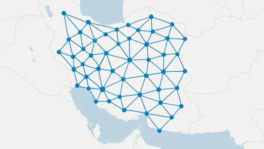A complex network diagram overlayed on a map of Iran, showing resilience and interconnectedness, not a single point of failure.