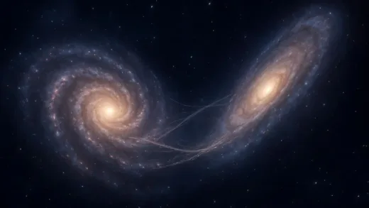 A majestic spiral galaxy like the Milky Way and another galaxy like Andromeda, drawn together by invisible threads of gravity, with a distant cosmic background.