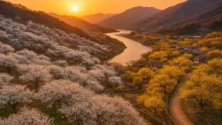 Drone view of Gwangyang Maehwa Village in 2026, with white plum blossoms covering the hills and the Seomjingang River flowing. A warm sunset light. And Gurye Sansuyu Village, with yellow sansuyu flowers lining stone walls, creating a cozy and warm spring atmosphere. Both images capture the essence of early spring in South Korea.
